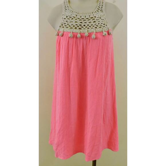 LILLY PULITZER RACHELLE XS Pink Sun Ray Gold Crochet Pom Pom Lined Dress EXC - Picture 6 of 7